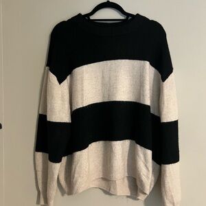 H&M Black and Cream Striped Crewneck Sweater